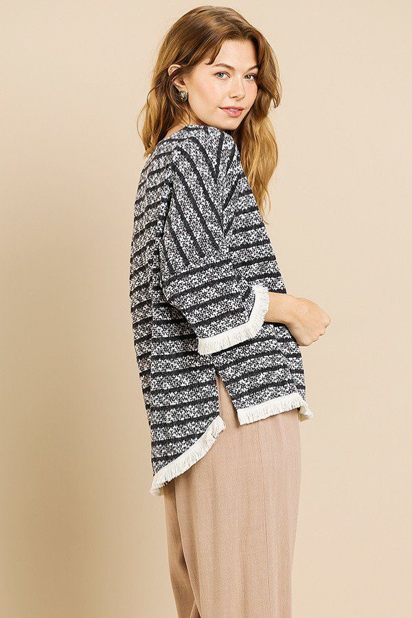 Heathered Striped Knit Bell Sleeve Round Neck Top