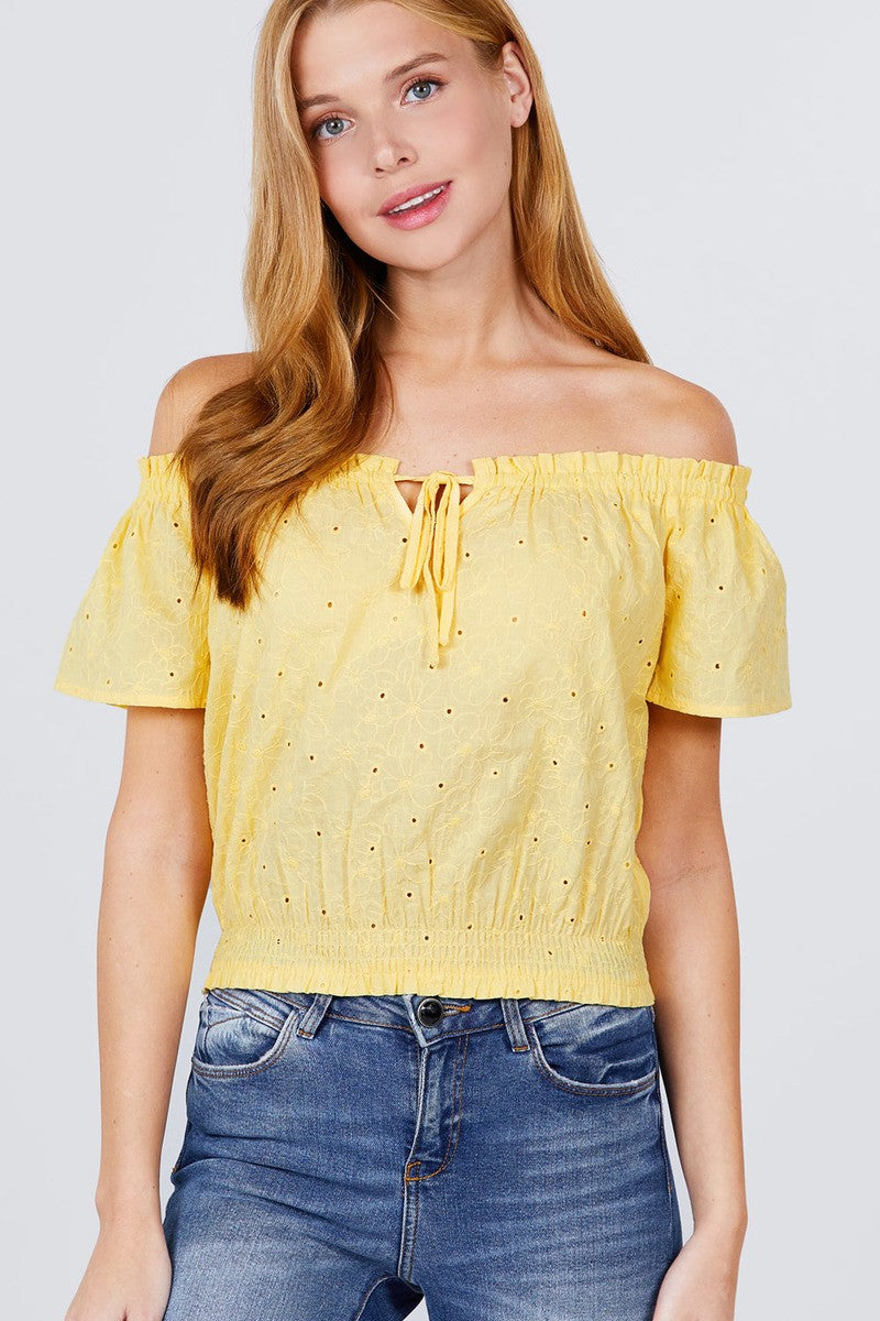 Short Sleeve Off The Shoulder Front Tie Detail Smocked Hem Eyelet Lace Woven Top