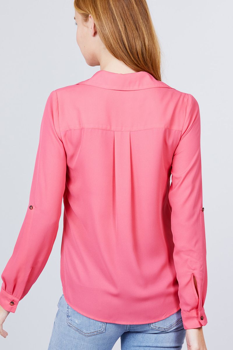 3/4 Roll Up Sleeve Pocket W/zipper Detail Woven Blouse