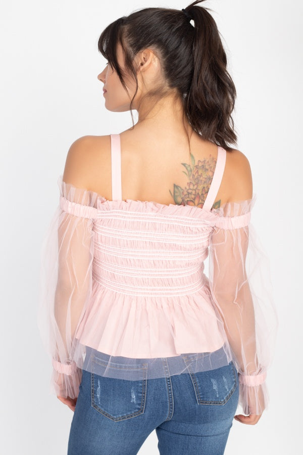 Sheer Mesh Open Shoulder Top