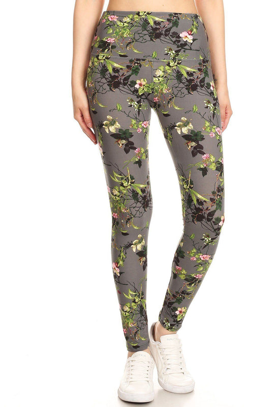 Legging de punto estampado floral forrado con bandas estilo yoga de 5 pulgadas de largo con cintura alta