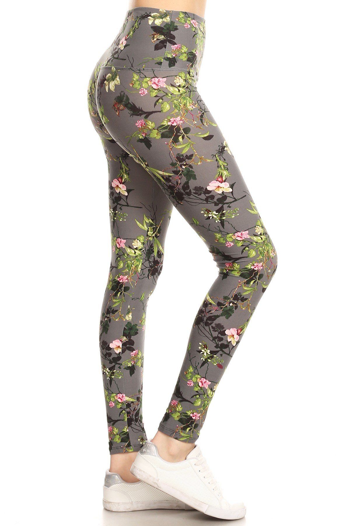 Legging de punto estampado floral forrado con bandas estilo yoga de 5 pulgadas de largo con cintura alta