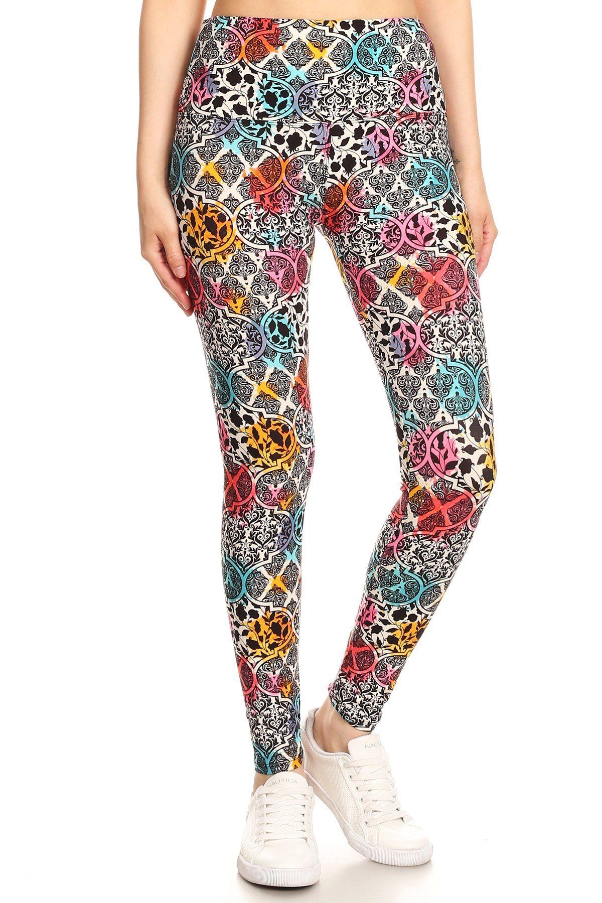 Legging de punto estampado con estampado de damasco forrado con bandas estilo yoga de 5 pulgadas de largo con cintura alta