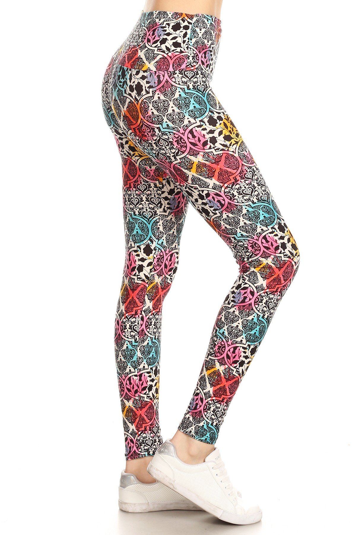 Legging de punto estampado con estampado de damasco forrado con bandas estilo yoga de 5 pulgadas de largo con cintura alta