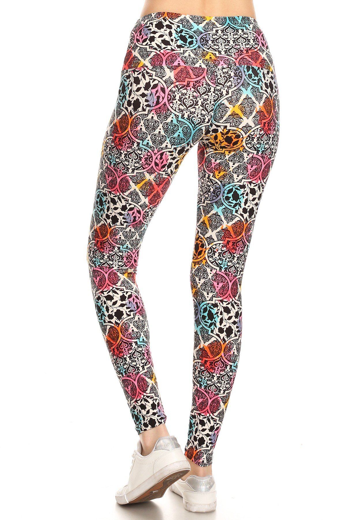 Legging de punto estampado con estampado de damasco forrado con bandas estilo yoga de 5 pulgadas de largo con cintura alta