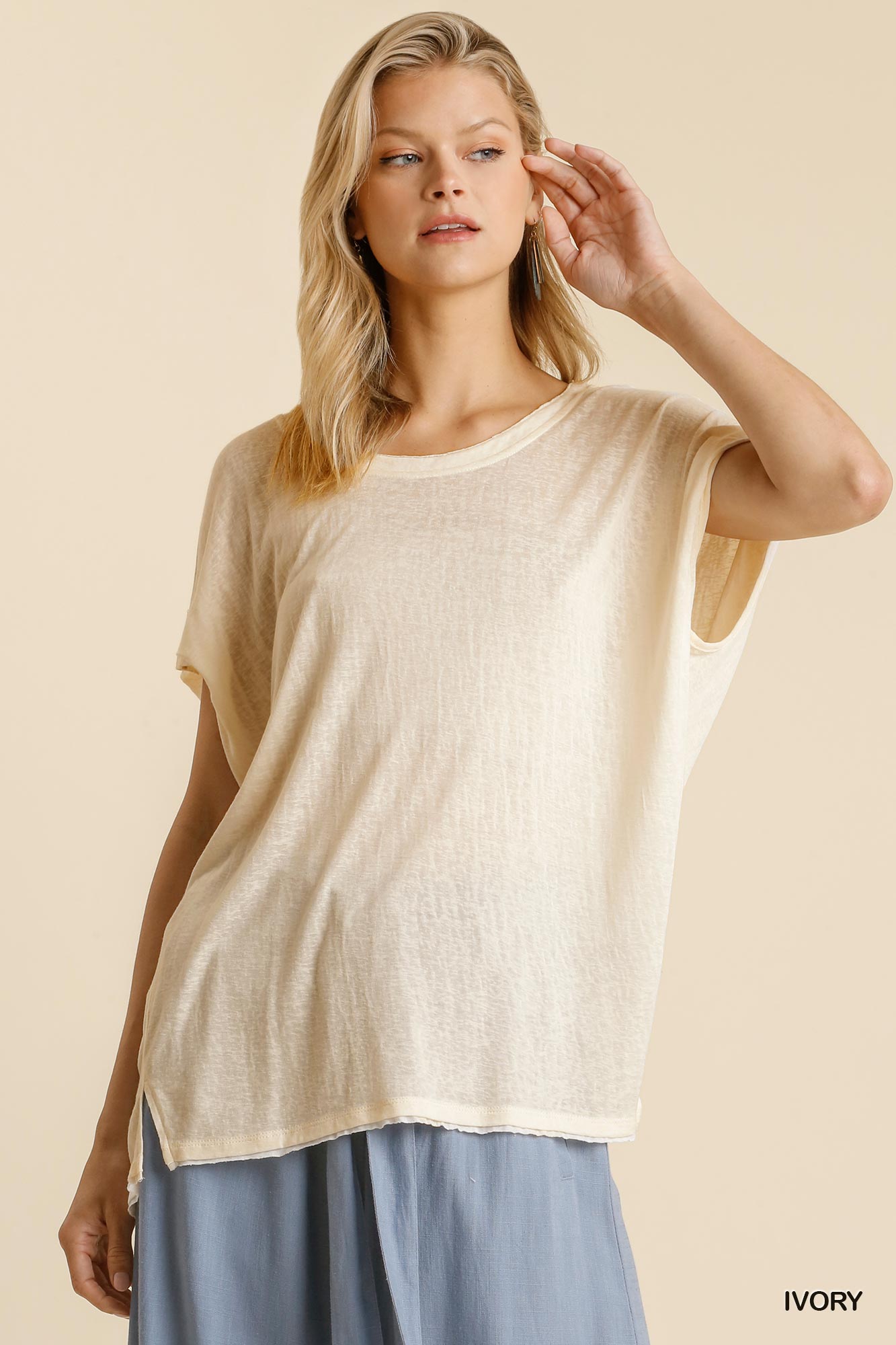 Short Sheer Dolman Sleeve Scoop Neck Top With Side Slit