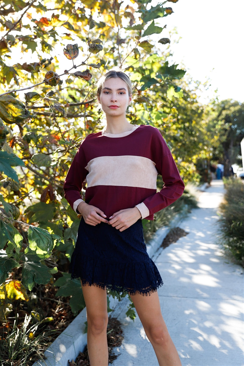 Burgundy Colorblock Long Sleeve Crop Top