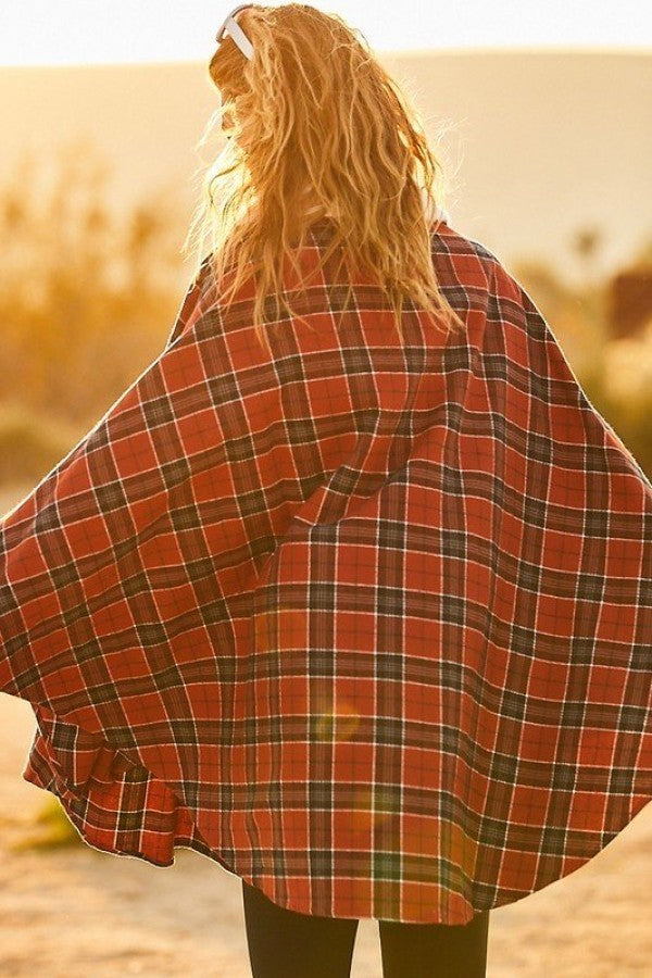 Mock Neck With Zipper Contrast Inside Front Pocket Plaid Poncho