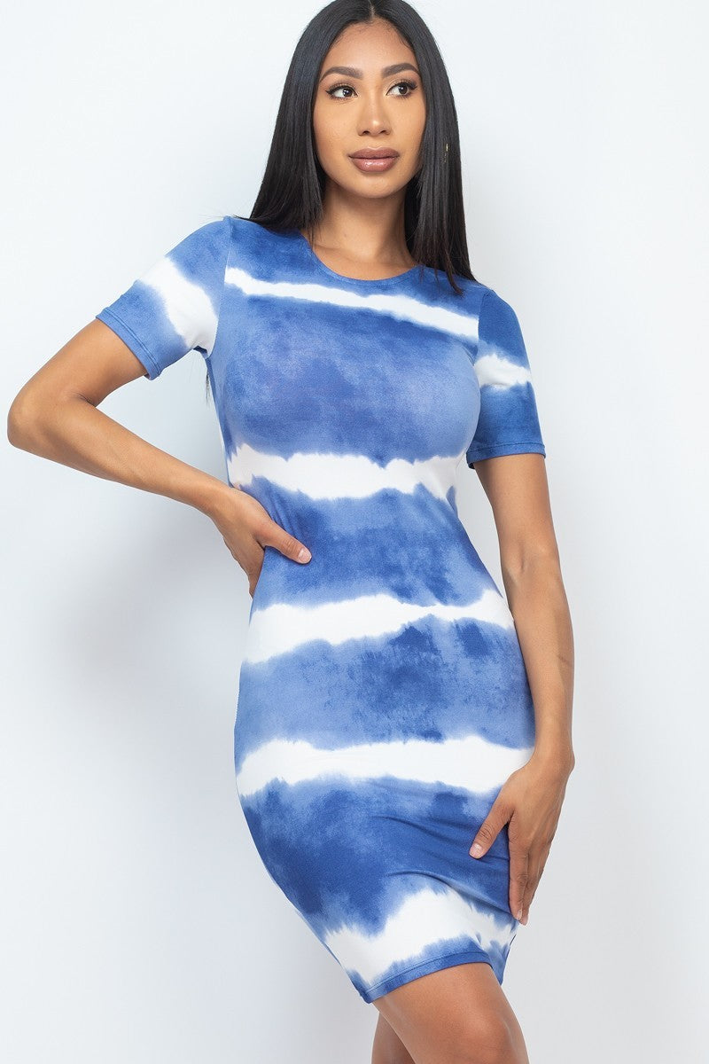 Vestido midi estampado con efecto tie-dye a rayas