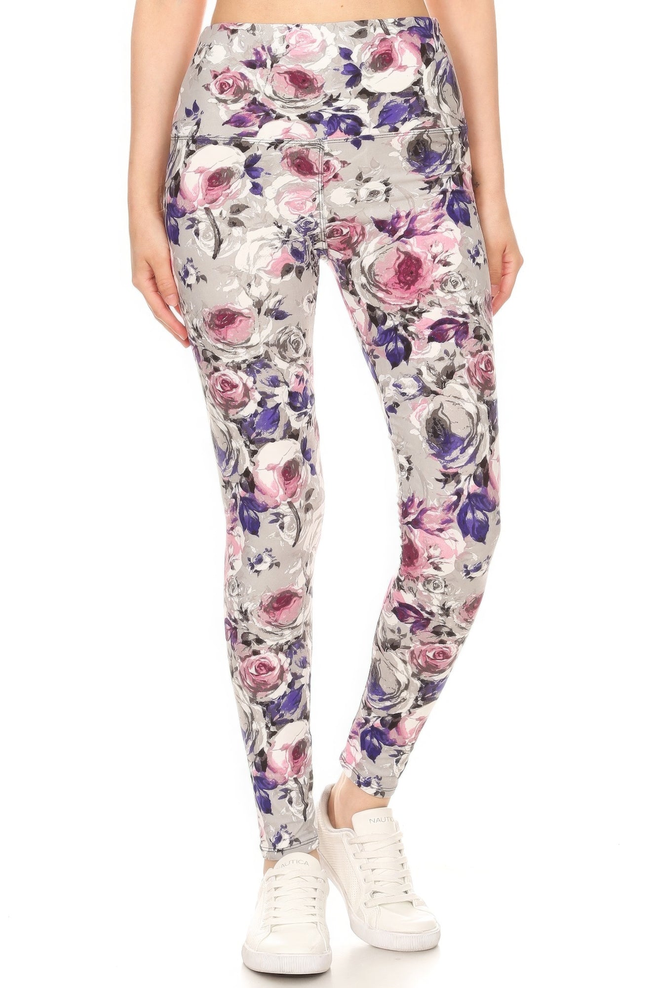 Legging de punto estampado floral forrado con bandas estilo yoga de 5 pulgadas de largo con cintura alta