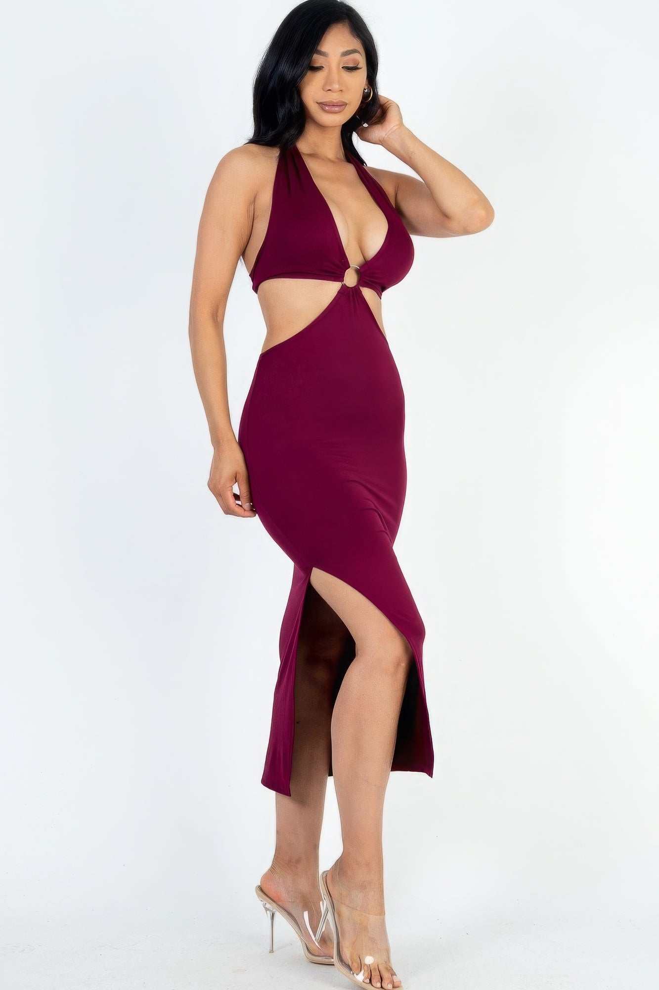 Vestido midi con escote halter y abertura en el muslo con lazo en la espalda doble