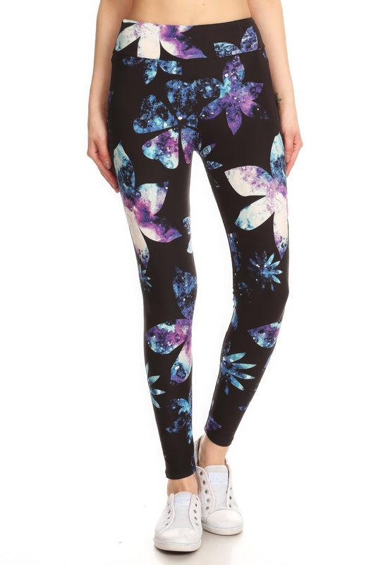 Estilo de yoga con estampado floral de silueta de galaxia con forro con bandas, leggings de longitud completa en un estilo ajustado con cintura alta con bandas