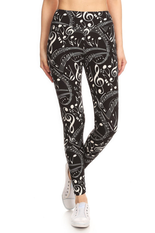 Estilo de yoga con estampado de notas musicales forrados con bandas, leggings de longitud completa en un estilo ajustado con cintura alta con bandas