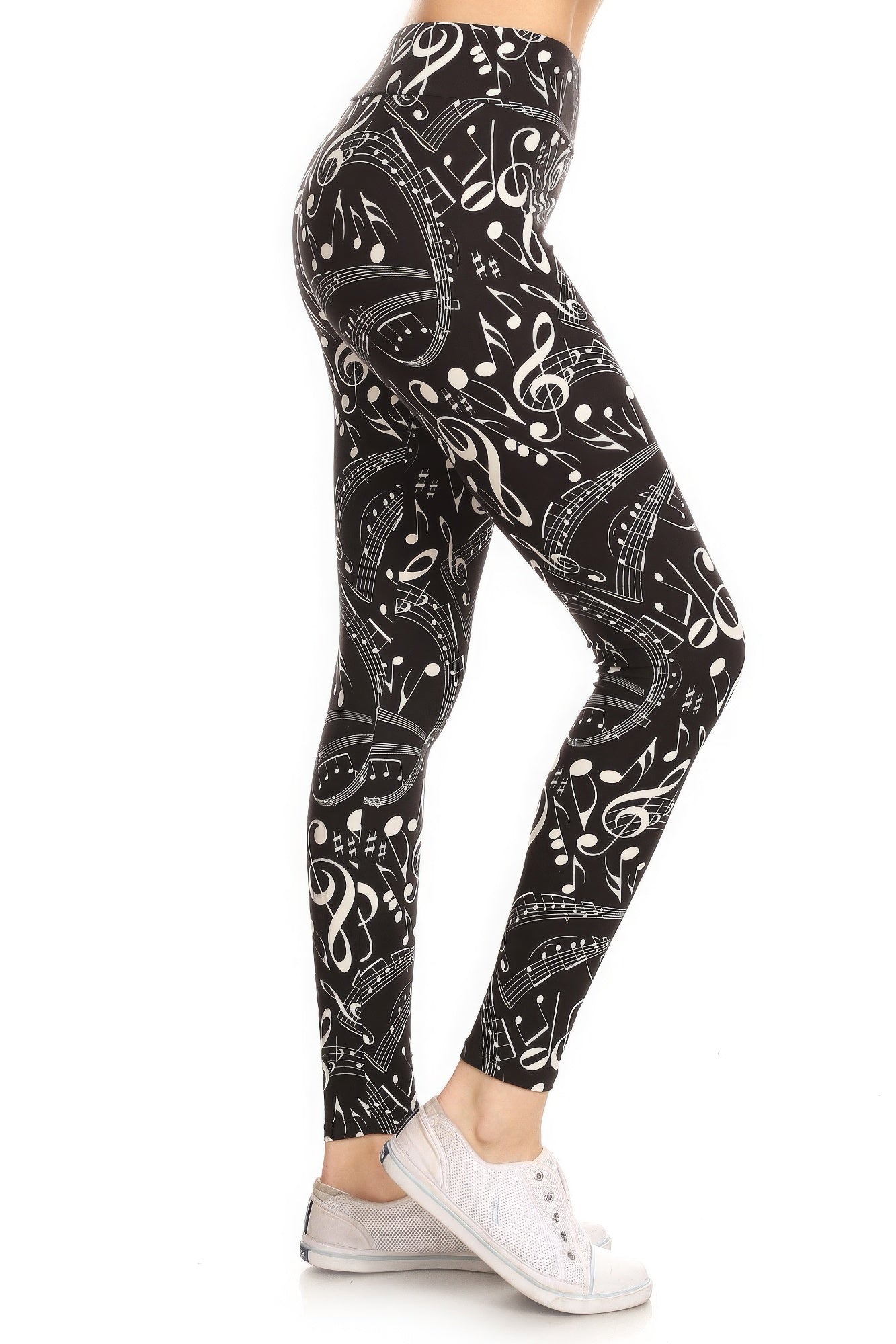 Yoga Style Banded Lined Music Note Print, Full Length Leggings In A Slim Fitting Style With A Banded High Waist