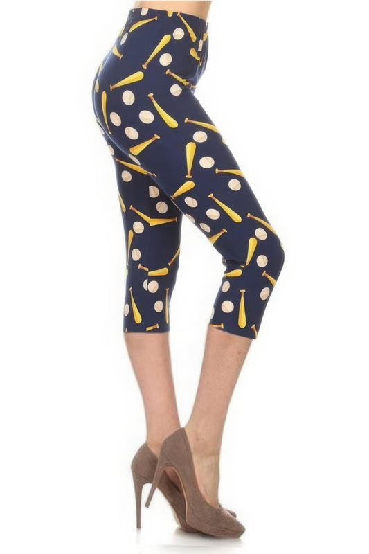 Leggings capri de cintura alta con estampado de béisbol, estilo ajustado y cinturilla elástica