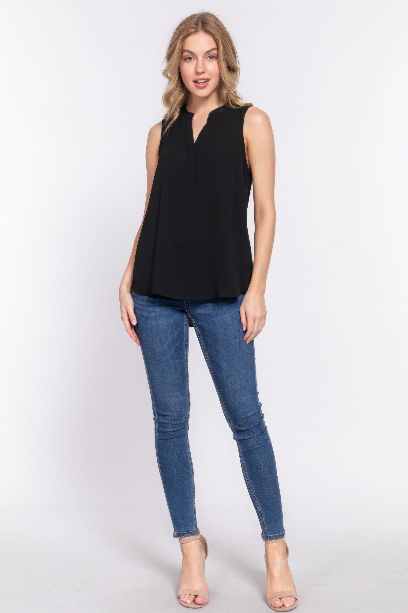 Sleeveless Henley Neck Woven Top