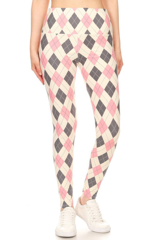 Legging de punto estampado Argyle forrado con bandas estilo yoga de 5 pulgadas de largo con cintura alta