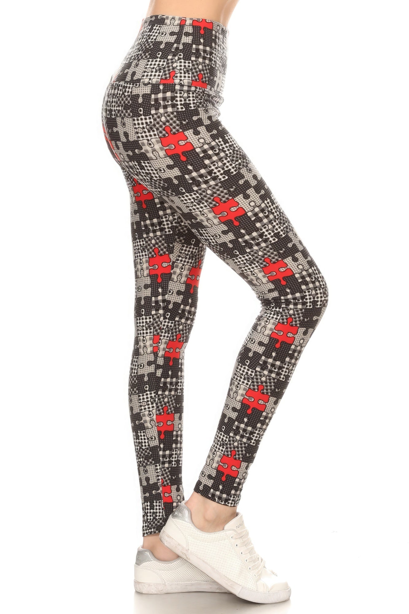 Legging de punto estampado rompecabezas forrado con bandas estilo yoga de 5 pulgadas de largo con cintura alta