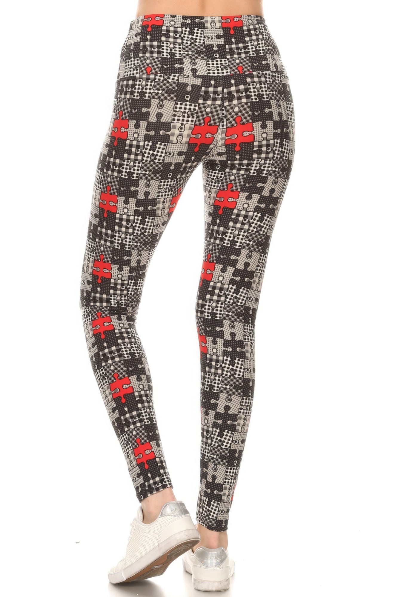 Legging de punto estampado rompecabezas forrado con bandas estilo yoga de 5 pulgadas de largo con cintura alta