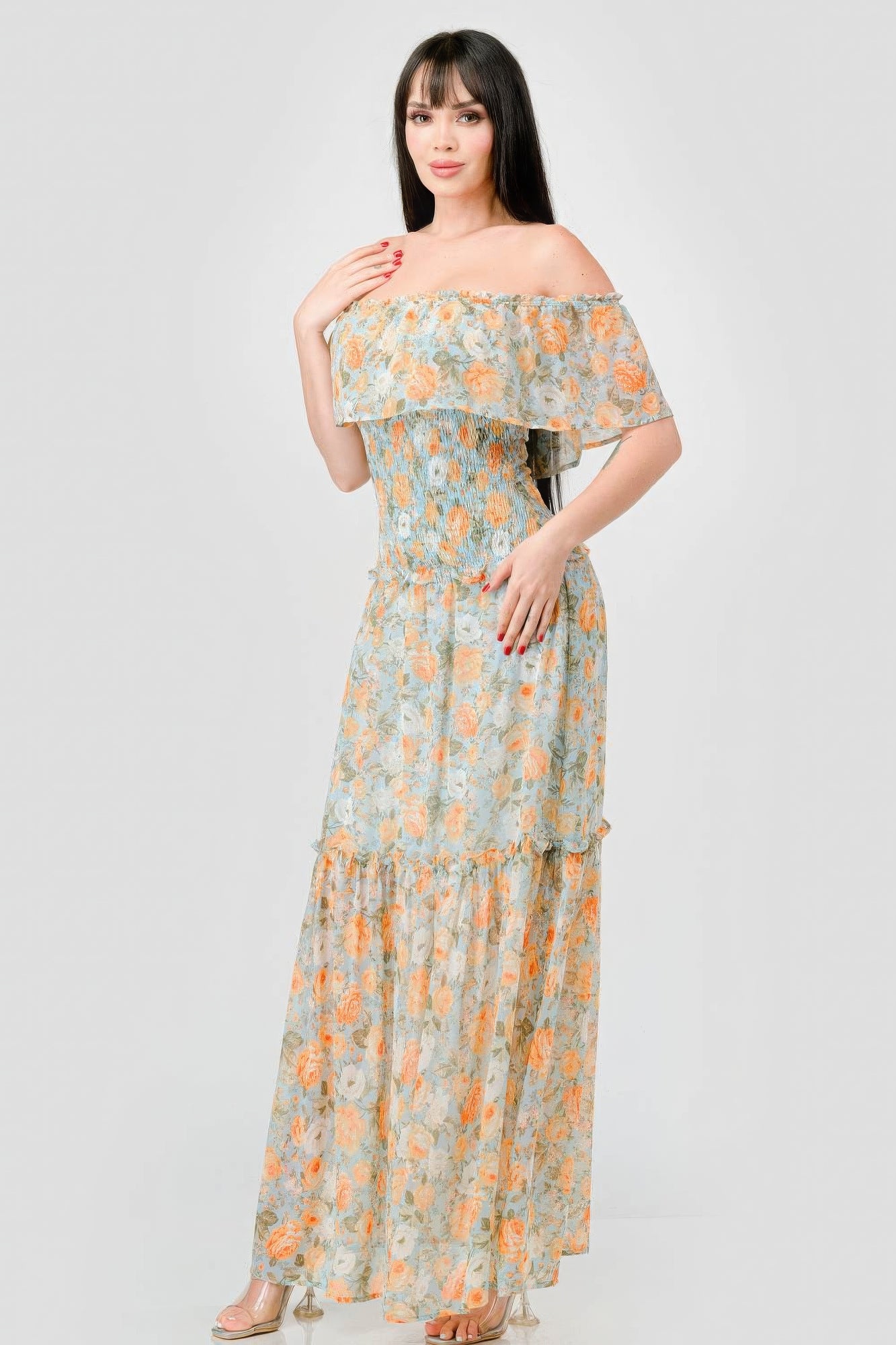 Floral Chiffon Off Shoulder Smocked Back Ruffled Tiered Maxi Dress