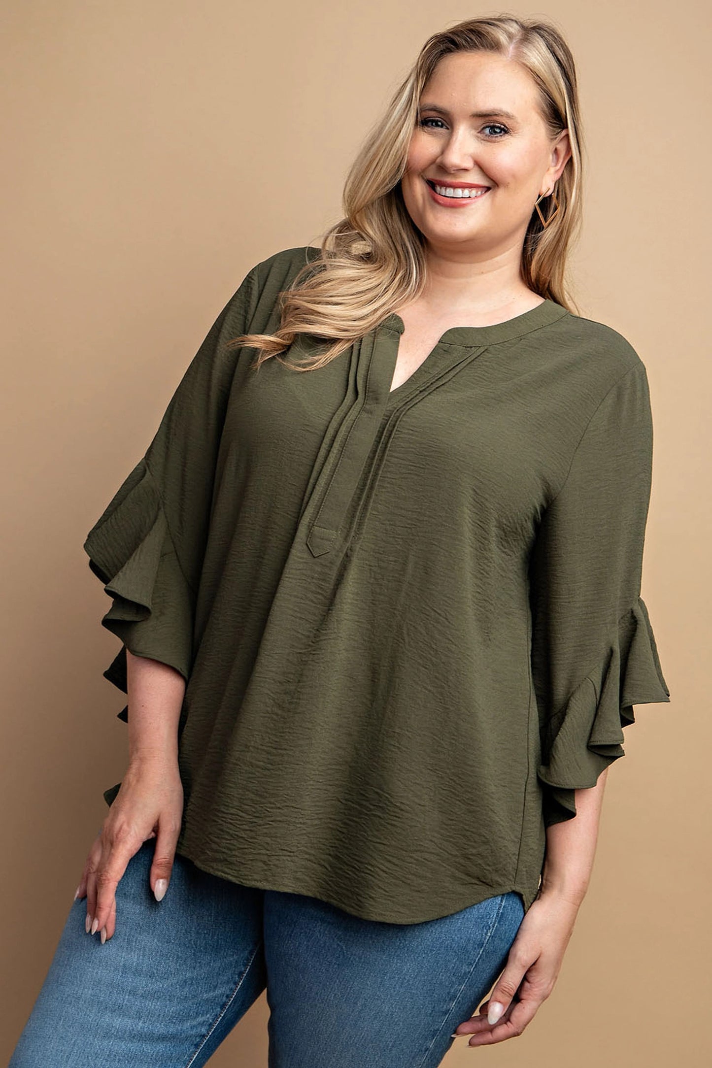 Ruffled Bell Sleeve And Front Pleated Detail Top