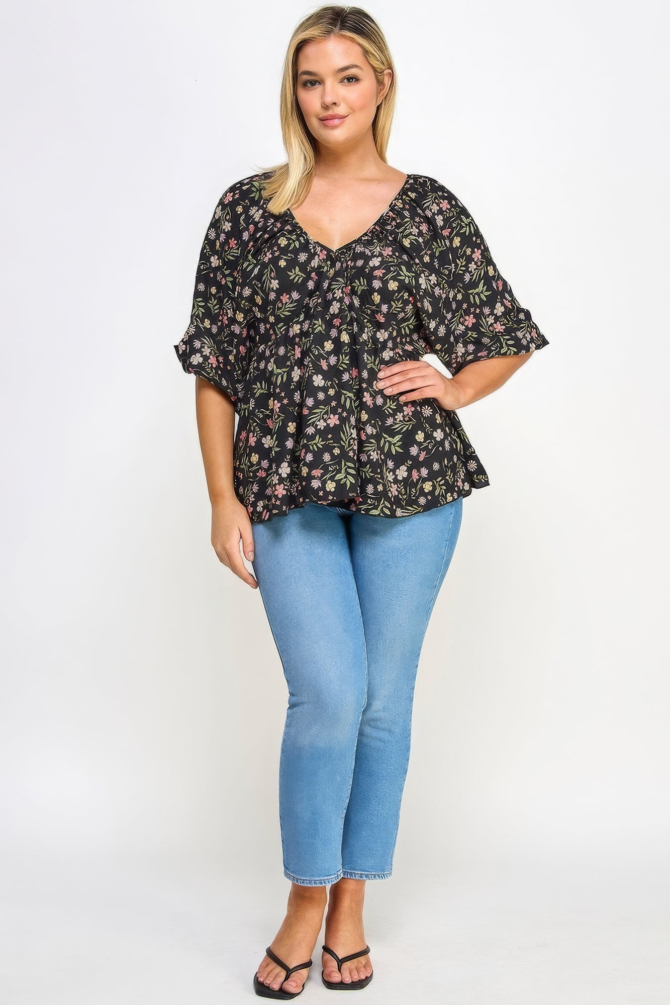 Floral V-neck Babydoll Balloon Slv Top