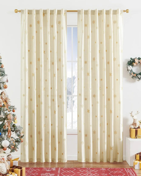 84-inch Long Light Gold Christmas Embroidered Holiday Decor 2 Panels Set