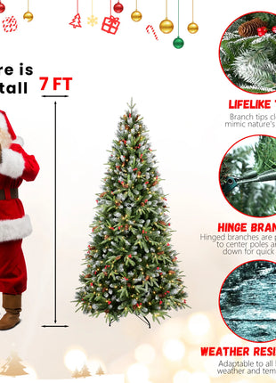 7FT Christmas Tree With 450 Warm White LED Lights 2178 Snow-Tipped Branches Red Berries & Pine Cones Hinged Design