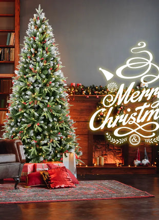 7FT Christmas Tree With 450 Warm White LED Lights 2178 Snow-Tipped Branches Red Berries & Pine Cones Hinged Design