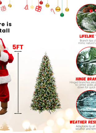5FT Christmas Tree With 250 Warm White LED Lights 1131 Snow-Tipped Branches Red Berries & Pine Cones Hinged Design