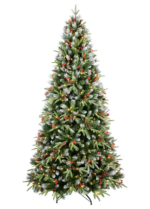 5FT Christmas Tree With 250 Warm White LED Lights 1131 Snow-Tipped Branches Red Berries & Pine Cones Hinged Design