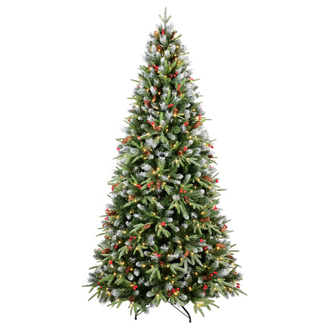 7FT Christmas Tree With 450 Warm White LED Lights 2178 Snow-Tipped Branches Red Berries & Pine Cones Hinged Design