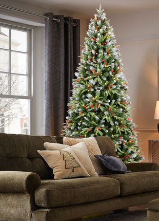 7FT Christmas Tree With 450 Warm White LED Lights 2178 Snow-Tipped Branches Red Berries & Pine Cones Hinged Design