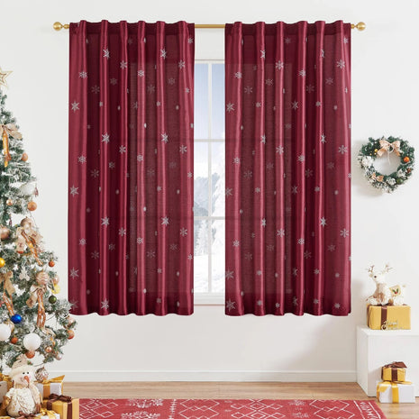 63-Inch 2-Panel Set Long Light Gold Christmas Embroidered Holiday Decor Curtains