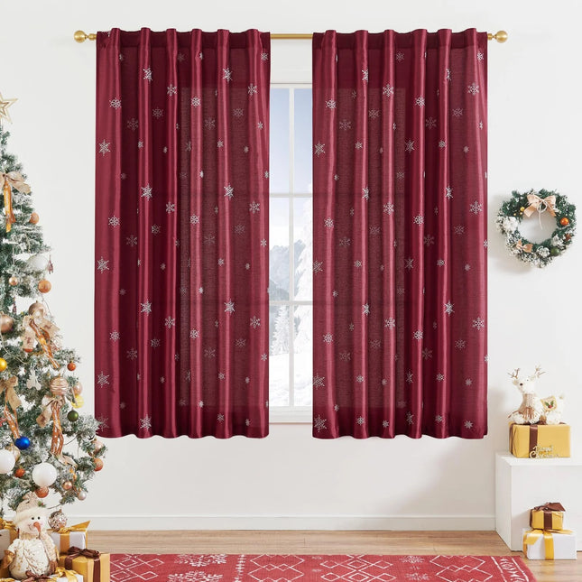 Cortinas navideñas bordadas de 2 paneles de 63 pulgadas con diseño navideño dorado claro