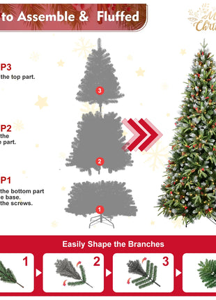7FT Christmas Tree With 450 Warm White LED Lights 2178 Snow-Tipped Branches Red Berries & Pine Cones Hinged Design