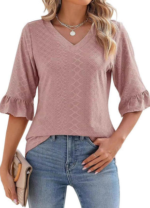 Women's Printed Hollow Ruffle Sleeve Casual Short-sleeved Top - MimiStylez