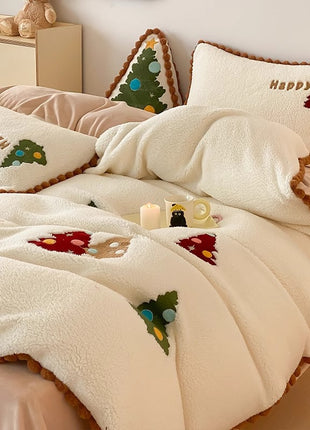 Winter Warm Christmas Tree Four-piece Duvet Set Fleece-lined Thickened