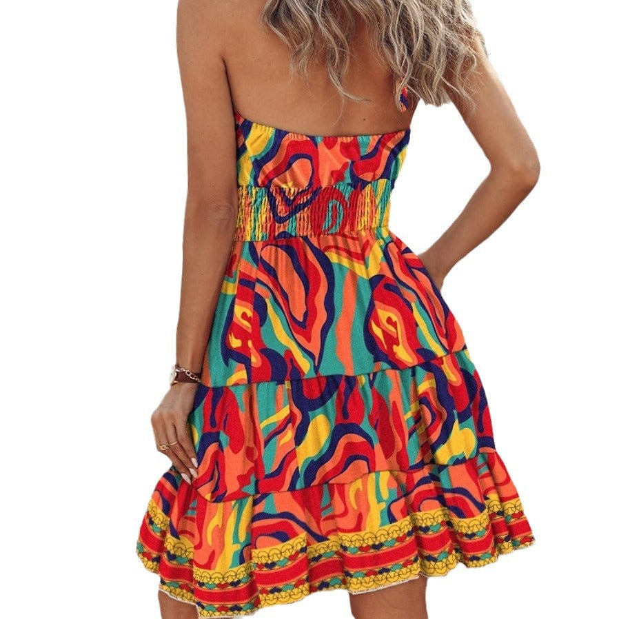 Summer European And American New Printed Halter Women's Dress