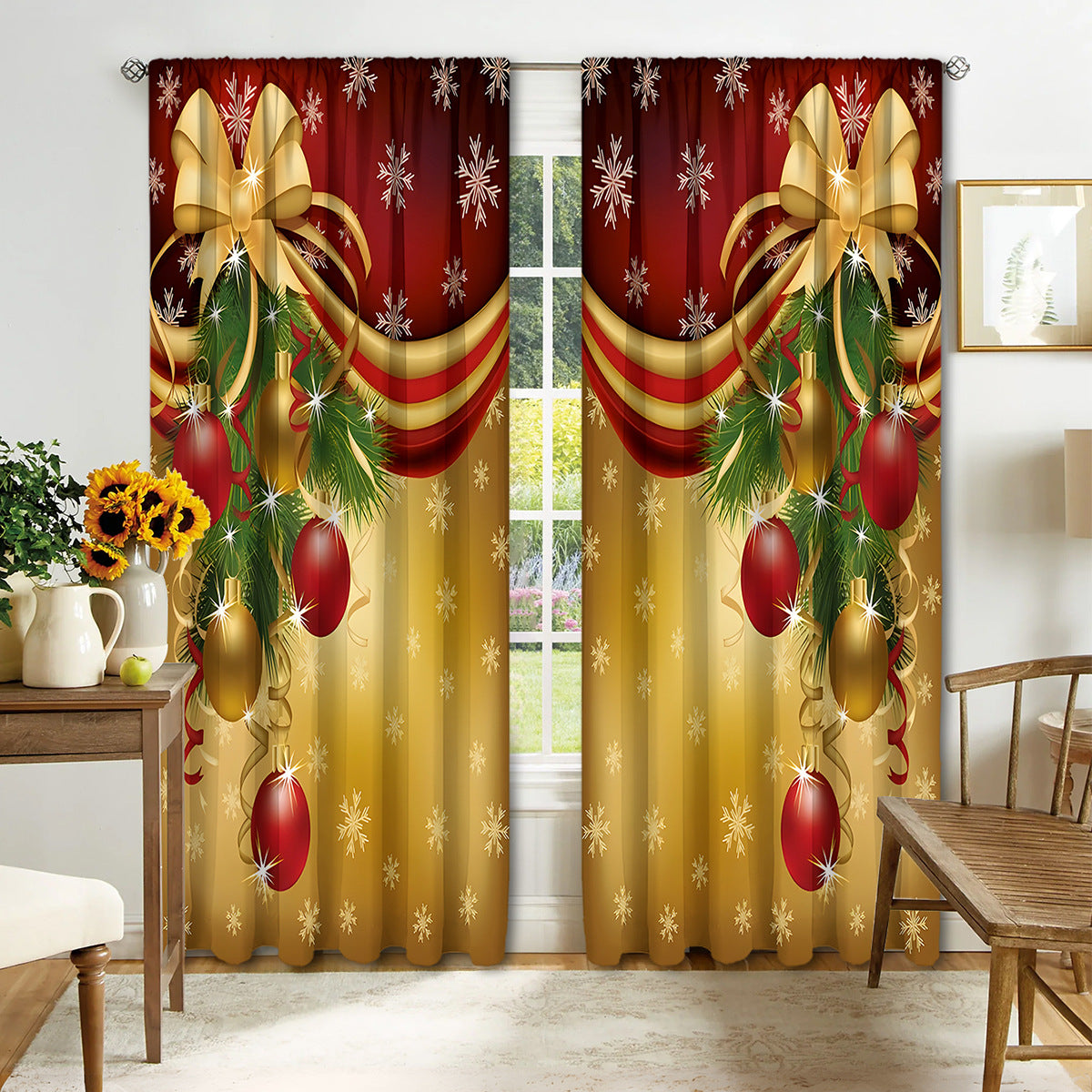 2PCS Christmas Curtain Factory 3D Digital Printing Cross-border Amazon Curtain Hot Selling Flower