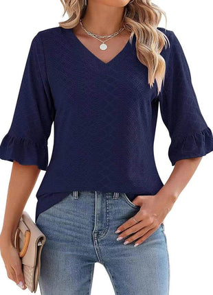 Women's Printed Hollow Ruffle Sleeve Casual Short-sleeved Top - MimiStylez