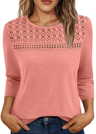 Women's Round Neck Top Lace Hollow Breathable Long Sleeve - MimiStylez