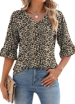Women's Printed Hollow Ruffle Sleeve Casual Short-sleeved Top - MimiStylez