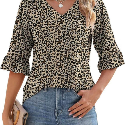 Women's Printed Hollow Ruffle Sleeve Casual Short-sleeved Top - MimiStylez