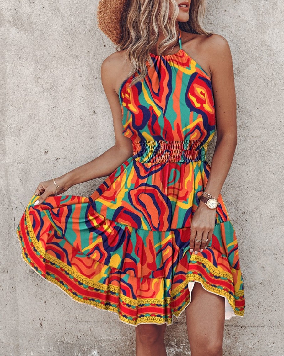 Summer European And American New Printed Halter Women's Dress