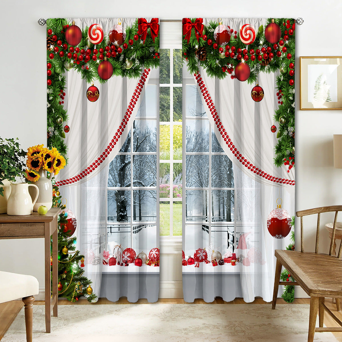 2PCS Christmas Curtain Factory 3D Digital Printing Cross-border Amazon Curtain Hot Selling Flower