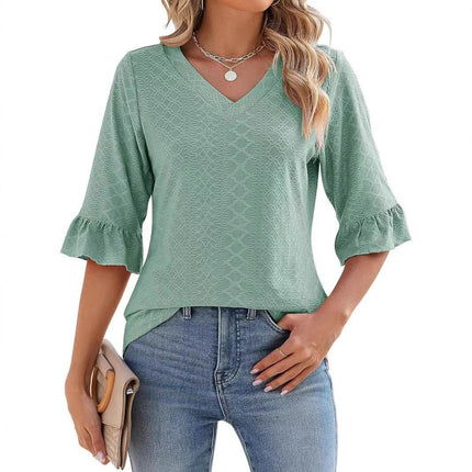 Women's Printed Hollow Ruffle Sleeve Casual Short-sleeved Top - MimiStylez