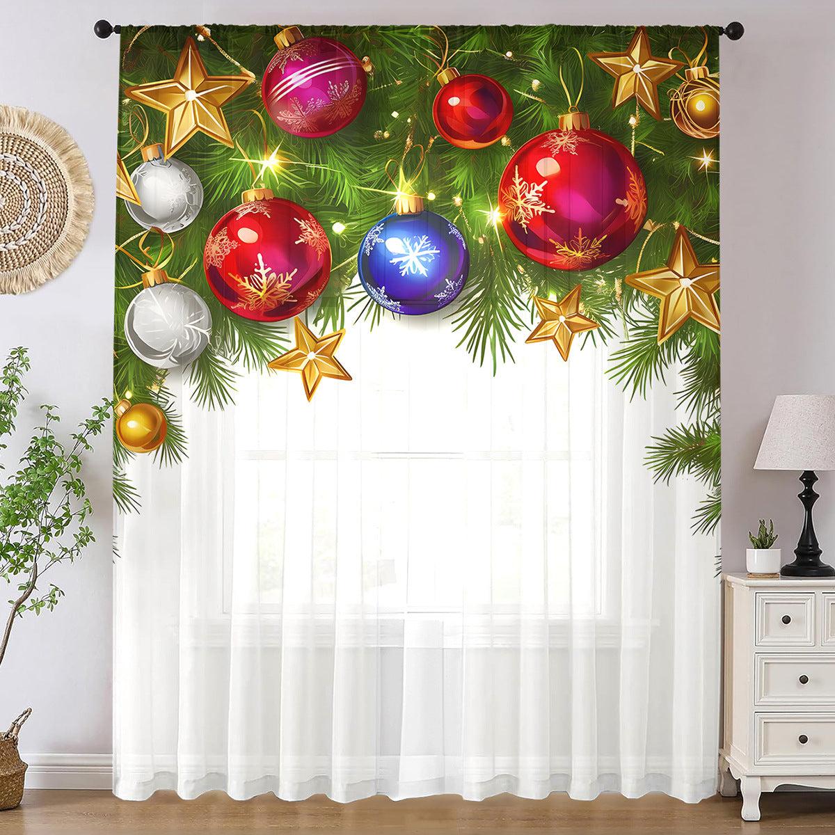 1pc New Christmas Series Window Screen 3D Digital Printing Factory Direct Bedroom Living Room Decoration Wear Rod Window Screen