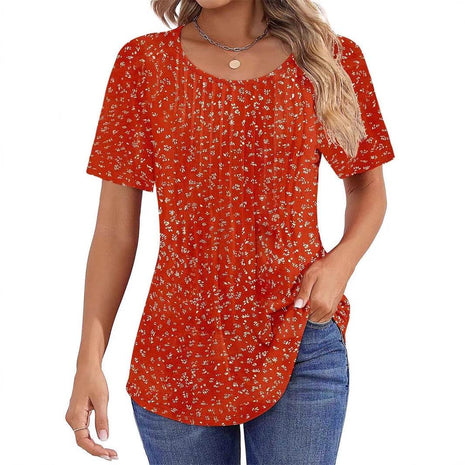 Round Neck Pleated Printed T-shirt - MimiStylez