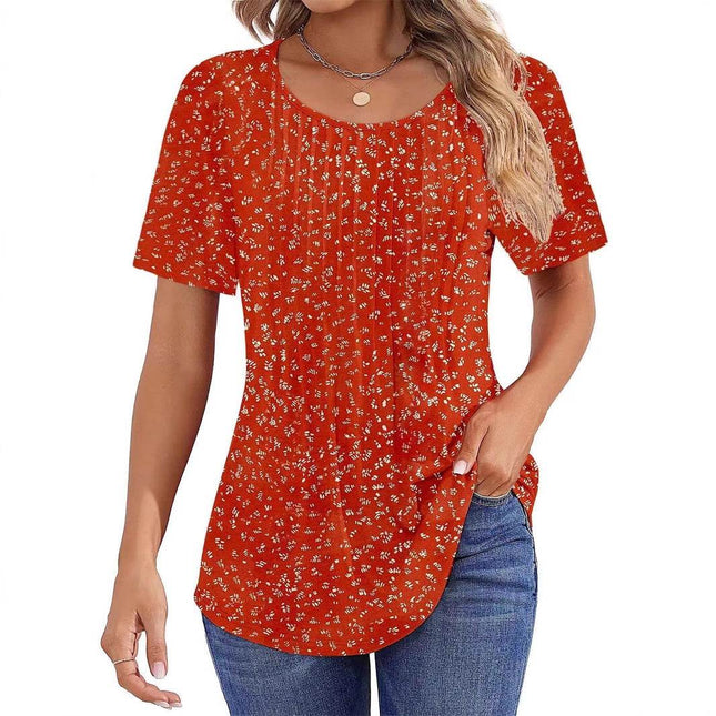 Round Neck Pleated Printed T-shirt - MimiStylez
